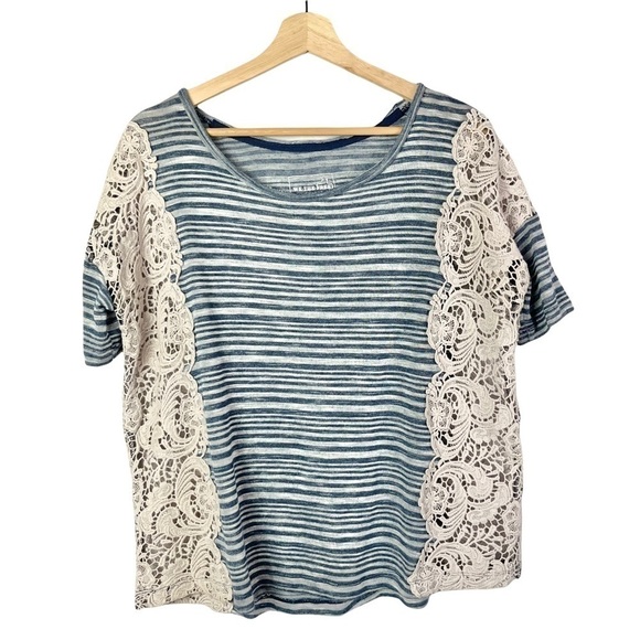 Free People We the Free Blue Stripe Battenburg Lace Short Sleeve Top S - Picture 4 of 6